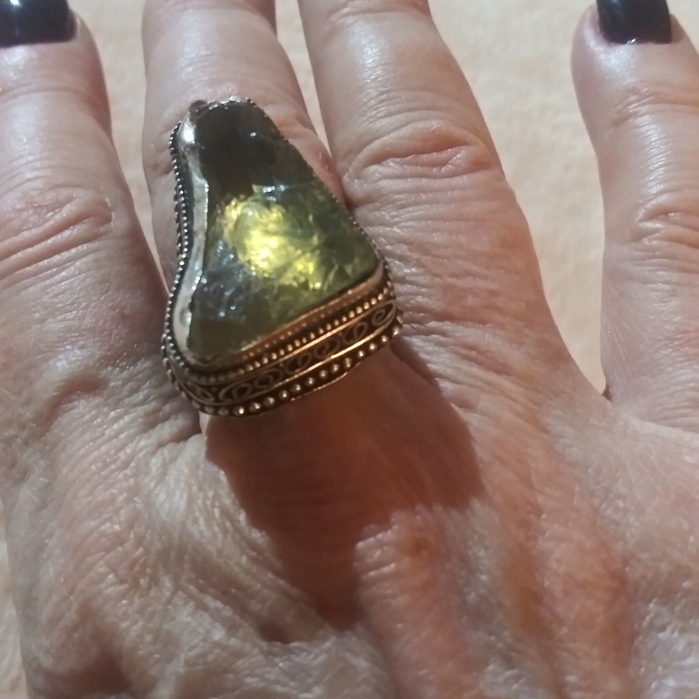 HUGE RAW CITRINE STERLING PLATED RING.